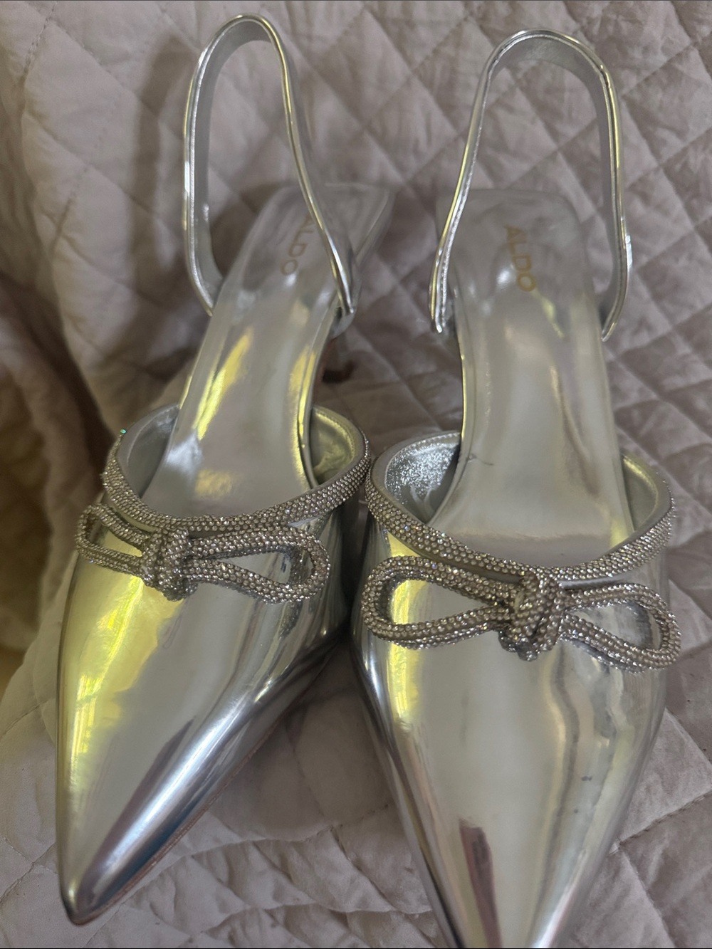 Aldo Silver Metallic Pointed-Toe Slingback Heels with Rhinestone Bow